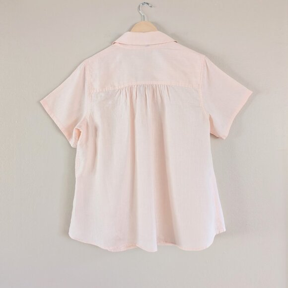 Pink Linen Blend Short Sleeve Button Down Blouse with Gathered Shoulders - M/L - Picture 5 of 11